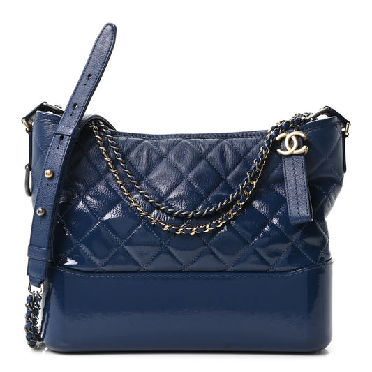 Patent Goatskin Quilted Medium Gabrielle Hobo Blue