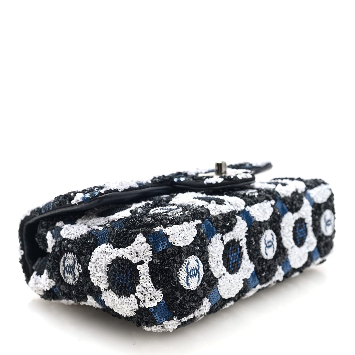 Satin Sequin Embellished Flower Mini Rectangular Flap Black White Blue