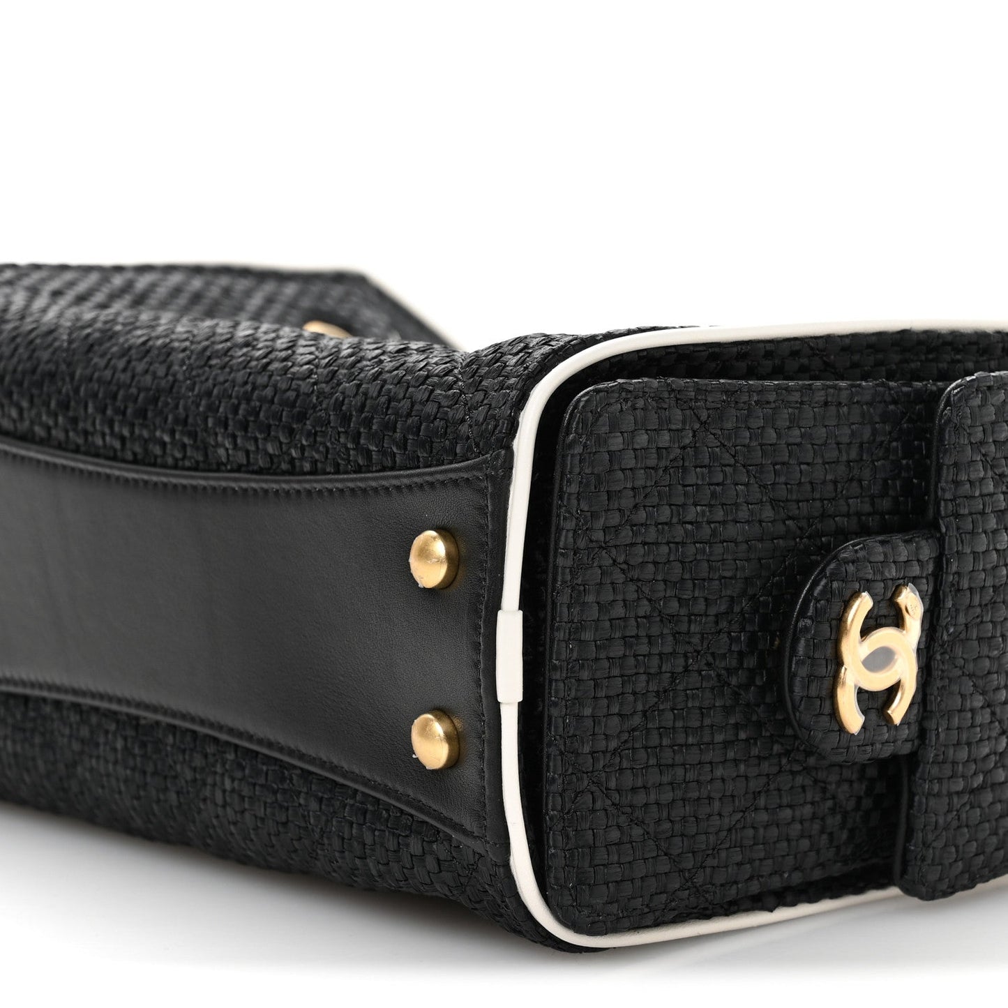 Braided Raffia Calfskin Quilted Mini Chanel 25 Handbag Black White