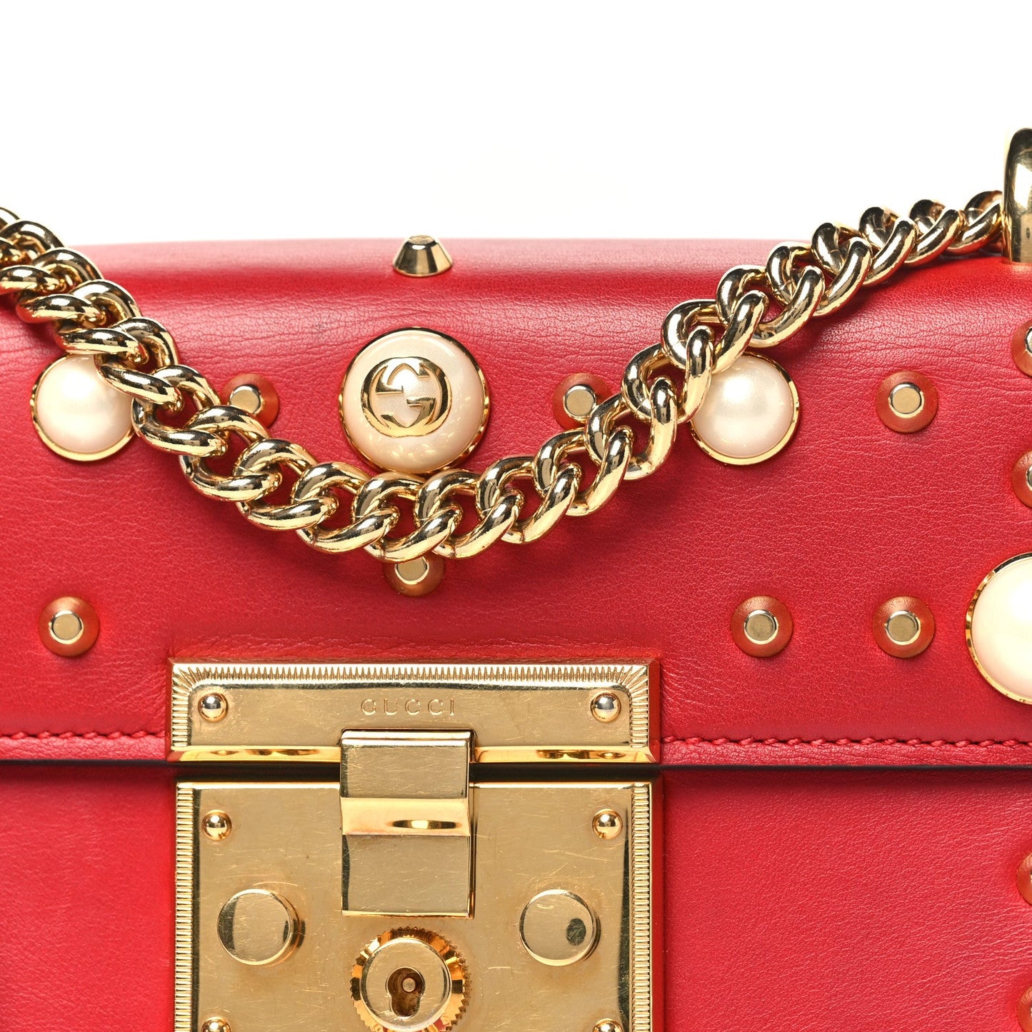 Calfskin Studded Small Padlock Shoulder Bag Hibiscus Red