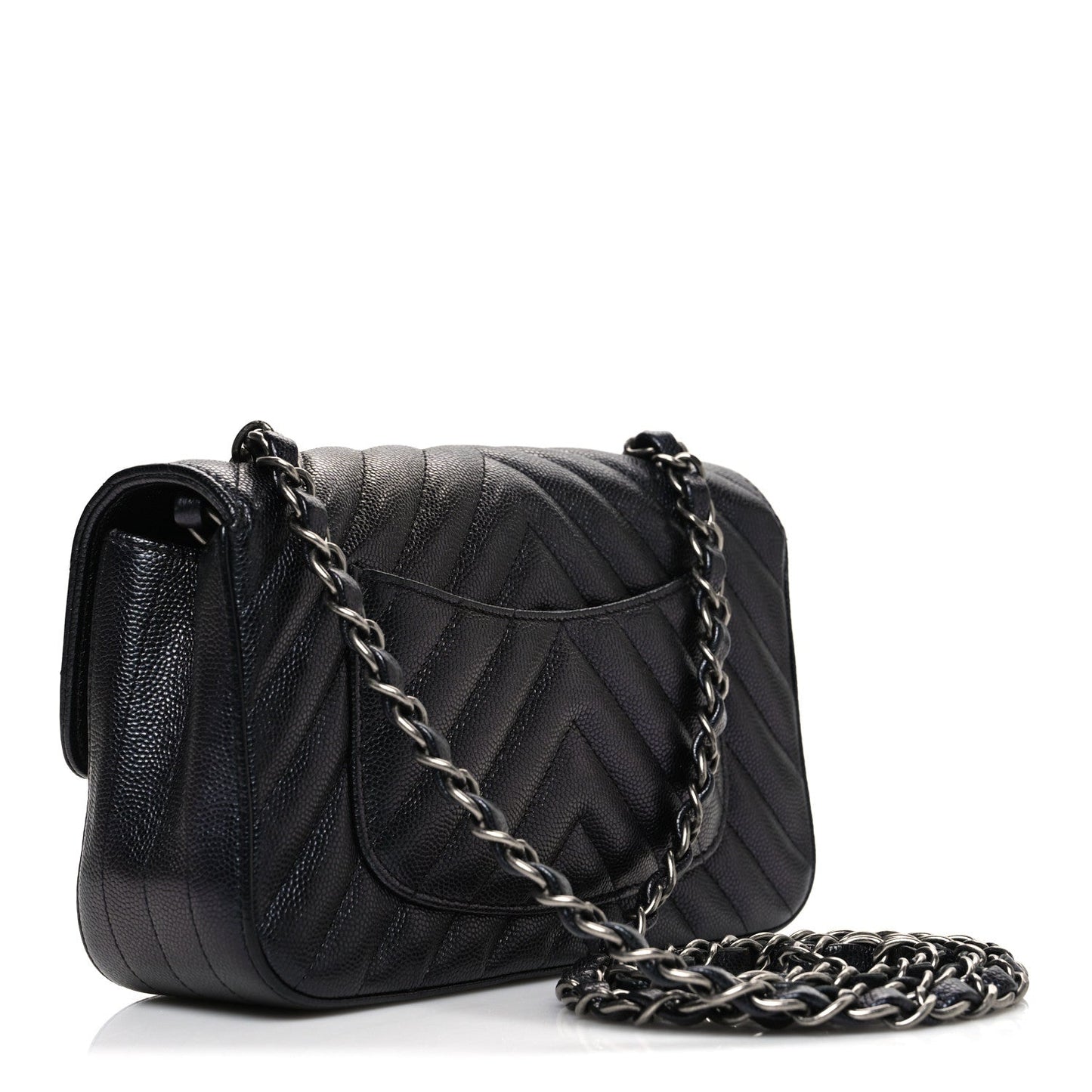 Metallic Caviar Chevron Quilted Mini Rectangular Flap Black