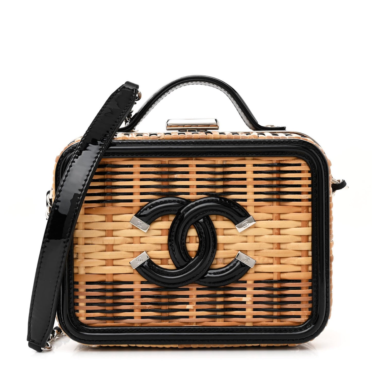 Raffia Patent Small CC Filigree Vanity Case Black