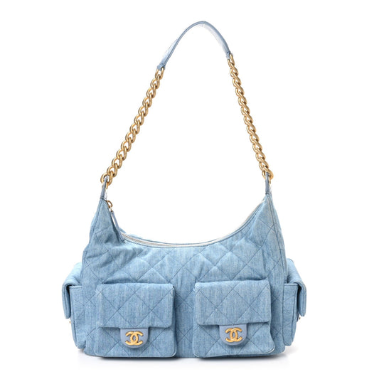 Washed Denim Quilted Large Trendy Pockets Hobo Blue