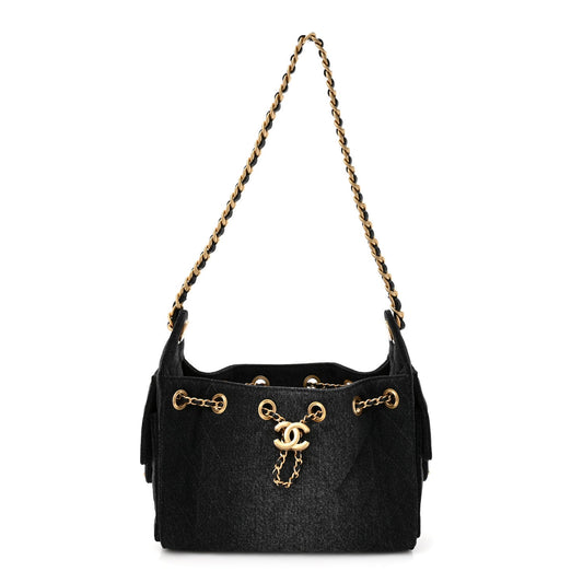 Washed Denim Quilted Mini Chanel 25 Handbag Black