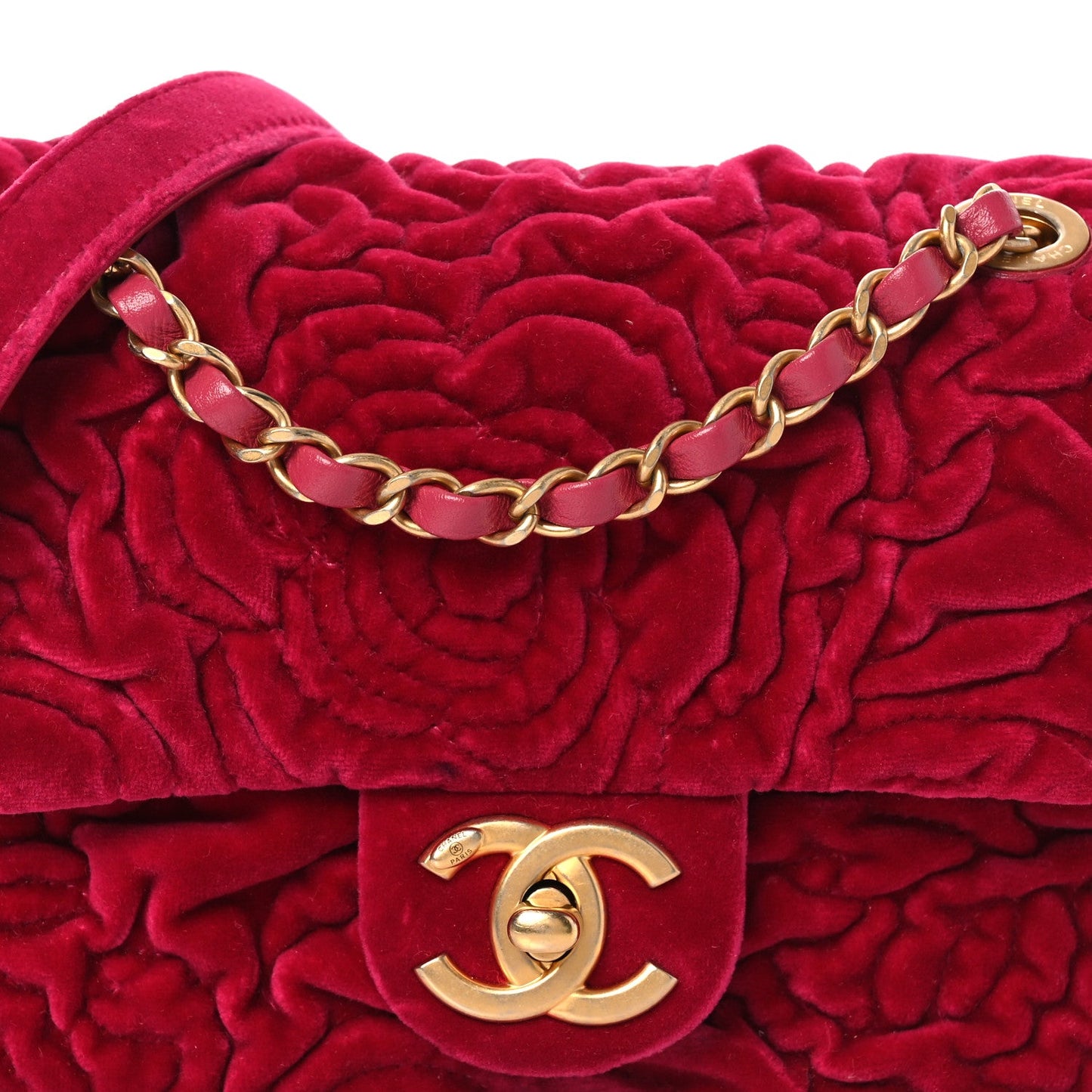 Velvet Camellia Embossed Mini Square Flap Fushia