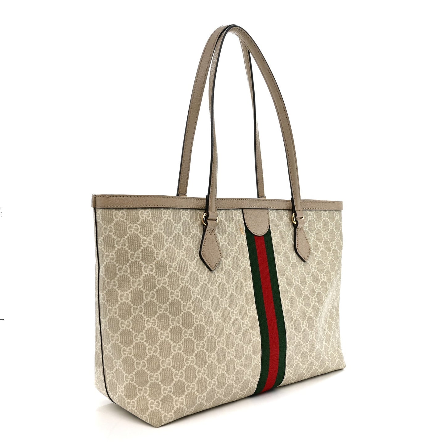 GG Supreme Monogram Textured Dollar Calfskin Web Medium Ophidia Shopping Tote Beige Mystic White Oatmeal