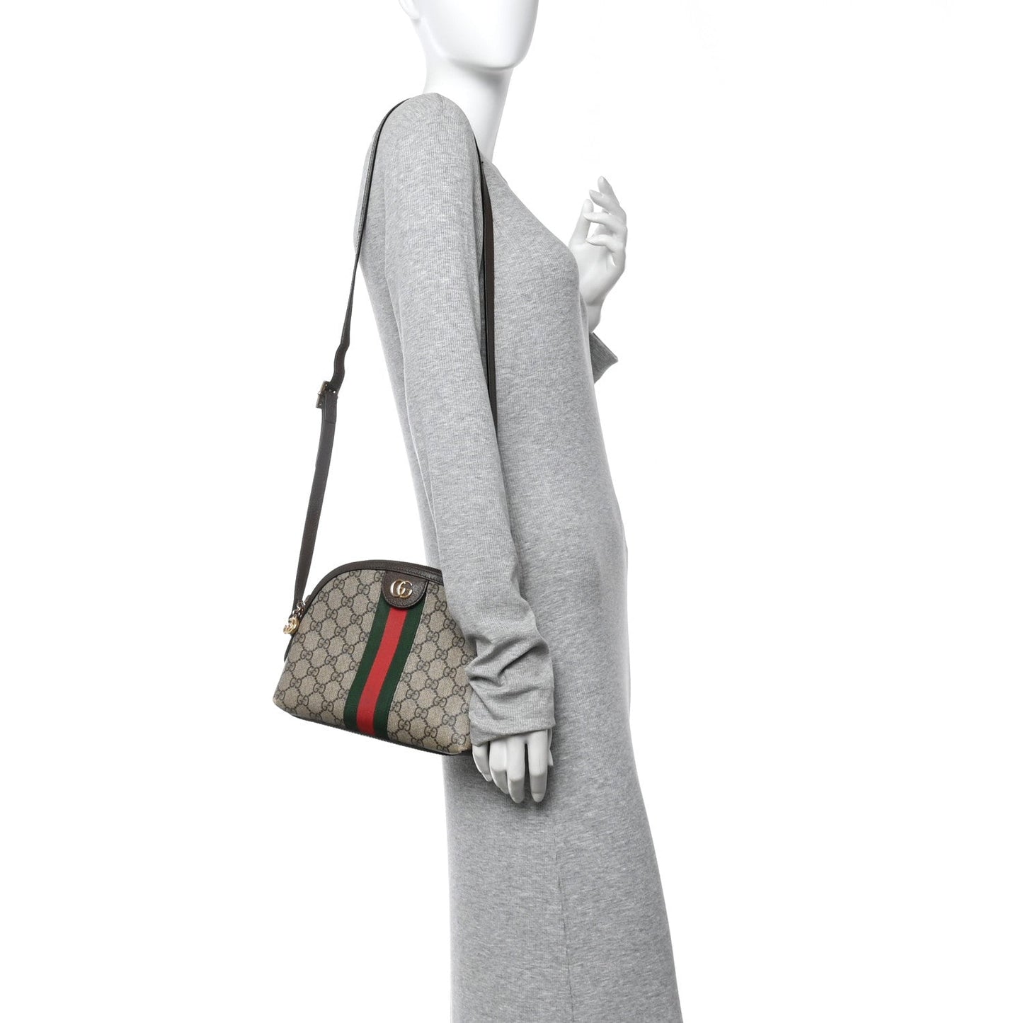 GG Supreme Monogram Textured Dollar Calfskin Web Small Ophidia Dome Shoulder Bag Beige Ebony New Acero