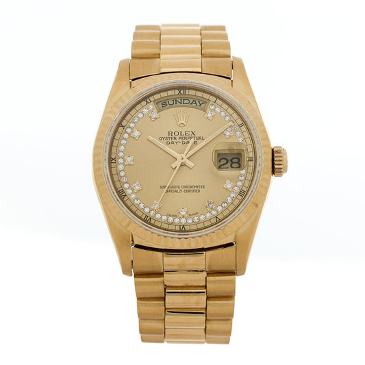18K Yellow Gold Diamond 36mm Oyster Perpetual Day-Date President Watch Champagne 18238