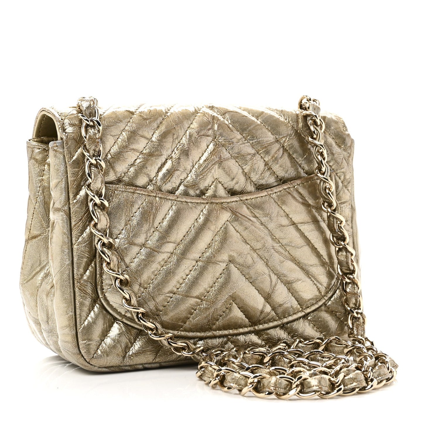 Patent Metallic Crumpled Calfskin Chevron Quilted Mini Square Flap Gold