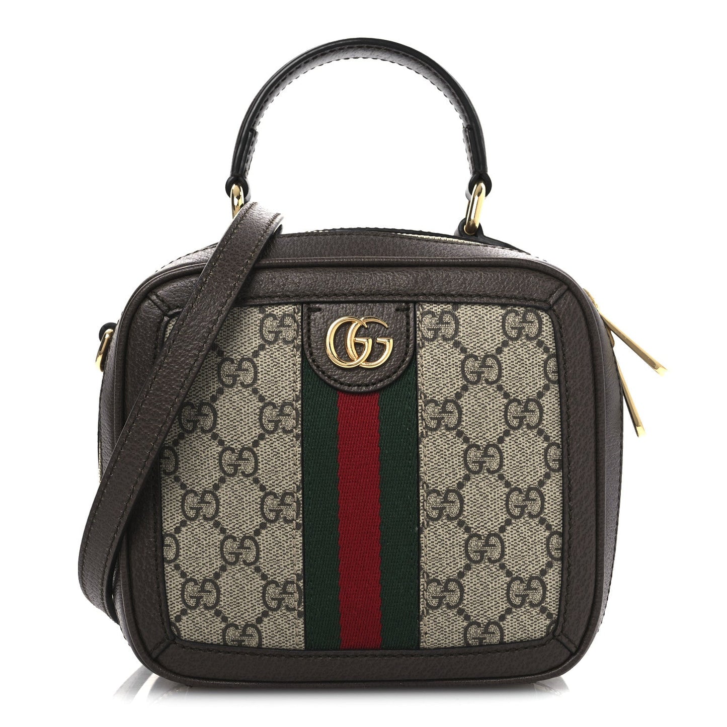 GG Supreme Monogram Textured Dollar Calfskin Mini Ophidia Top Handle Square Shoulder Bag Beige Ebony New Acero