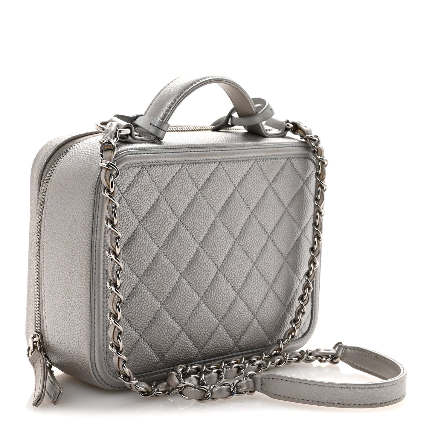 Metallic Caviar Quilted Medium CC Filigree Vanity Case Silver