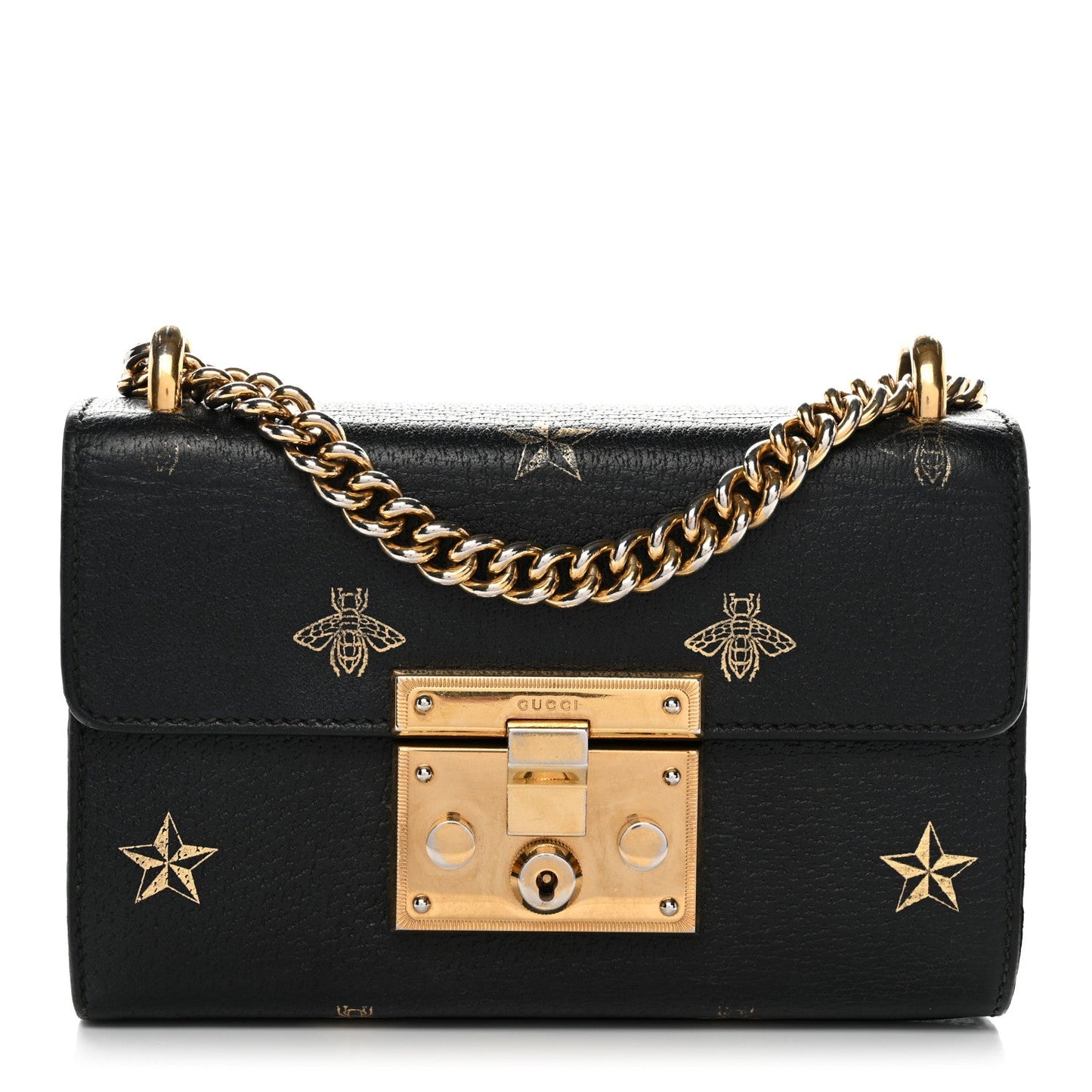 Grained Calfskin Bee Star Small Padlock Shoulder Bag Black