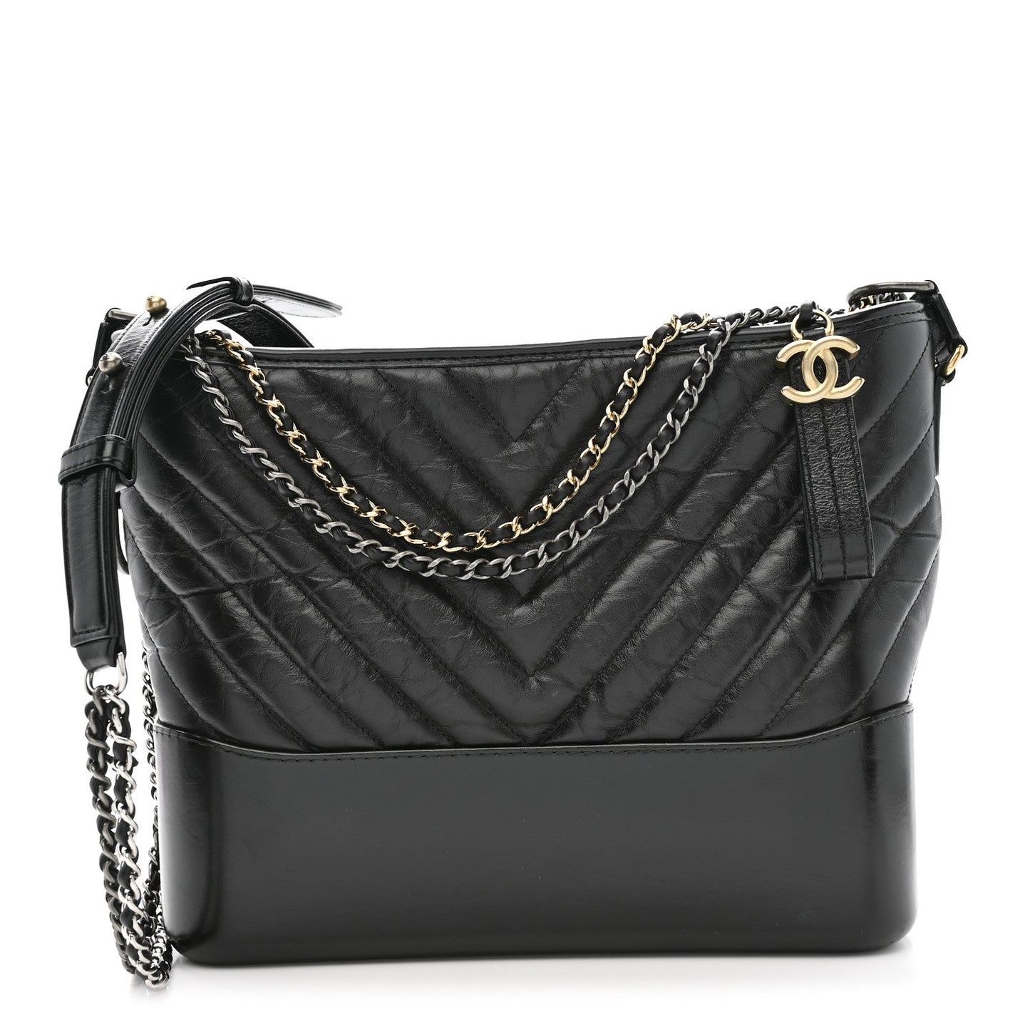 Aged Calfskin Chevron Quilted Medium Gabrielle Hobo Black