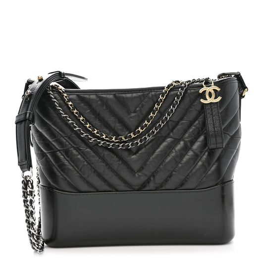 Aged Calfskin Chevron Quilted Medium Gabrielle Hobo Black