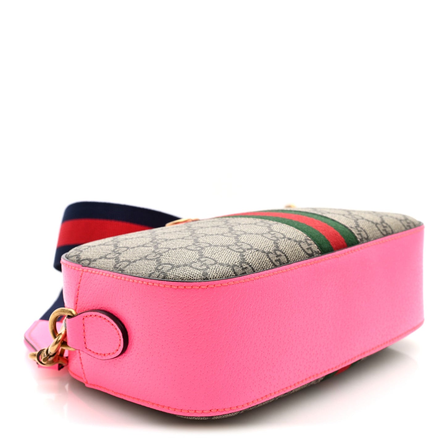 GG Supreme Monogram Textured Dollar Calfskin Web Ophidia Small Crossbody Bag Beige Ebony Fuchsia
