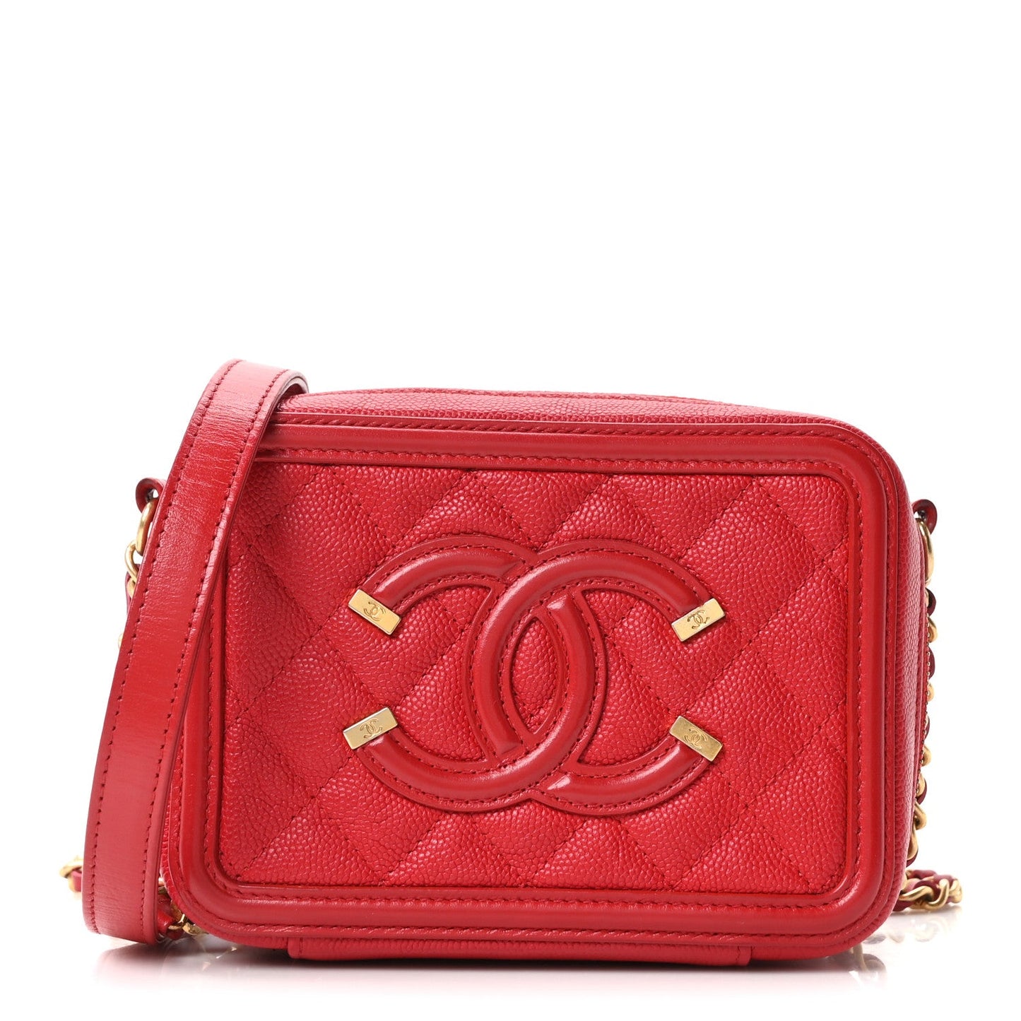 Caviar Quilted Filigree Vanity Clutch With Chain Red