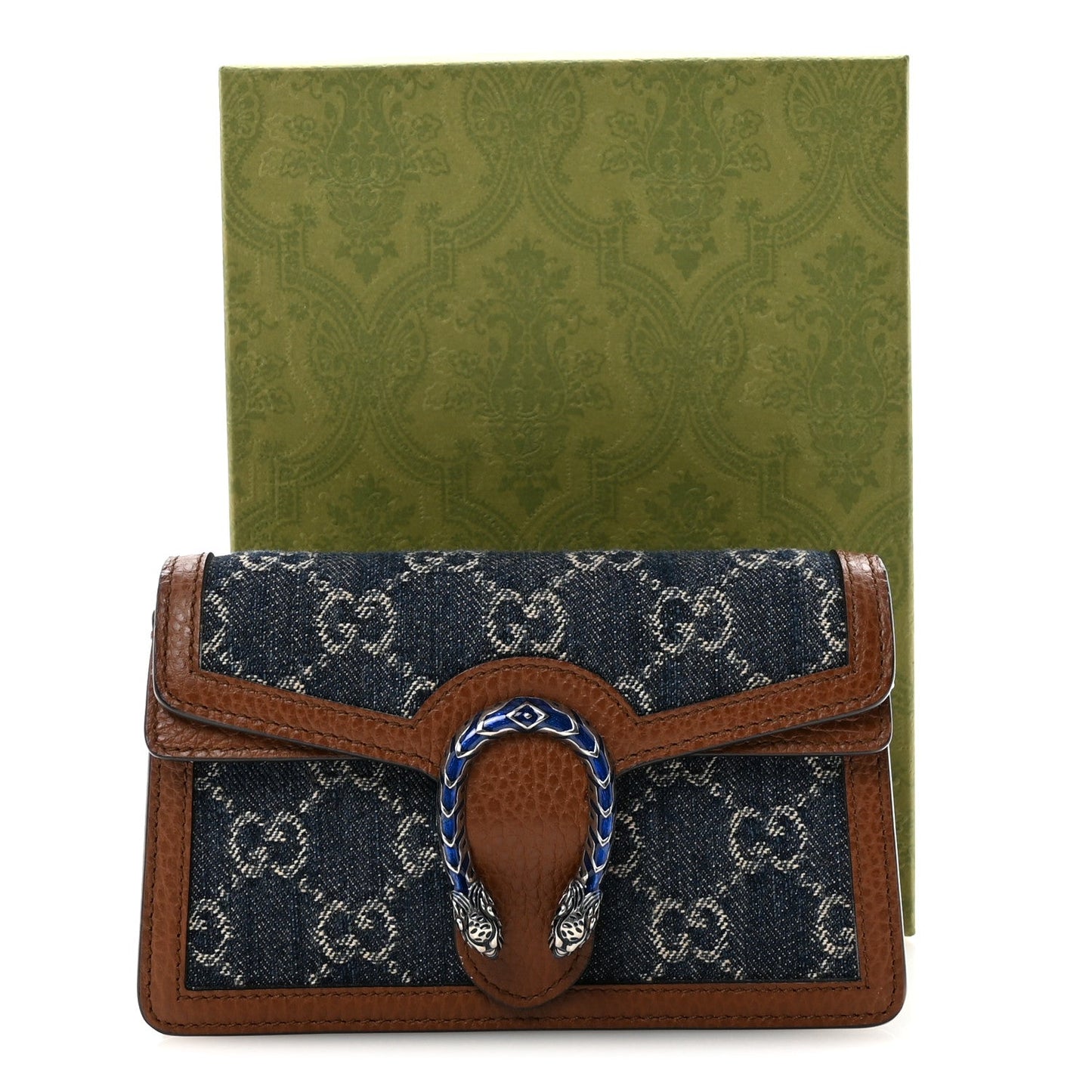 New Denim GG Monogram Dollar Calfskin Enamel Super Mini Dionysus Shoulder Bag Blue Tea Cuir Epilog Electric Blue