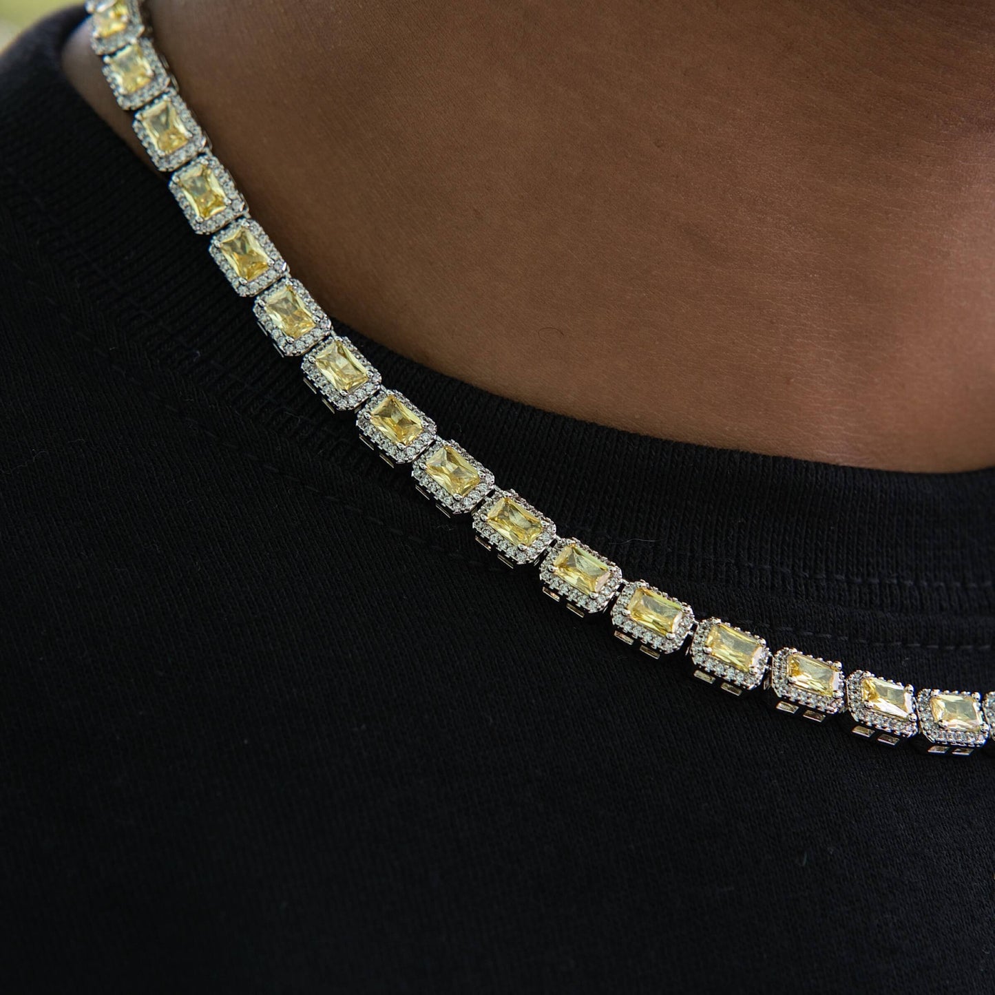 Iced Canary Cushion Cut Tennis Chain in White Gold - 7MM