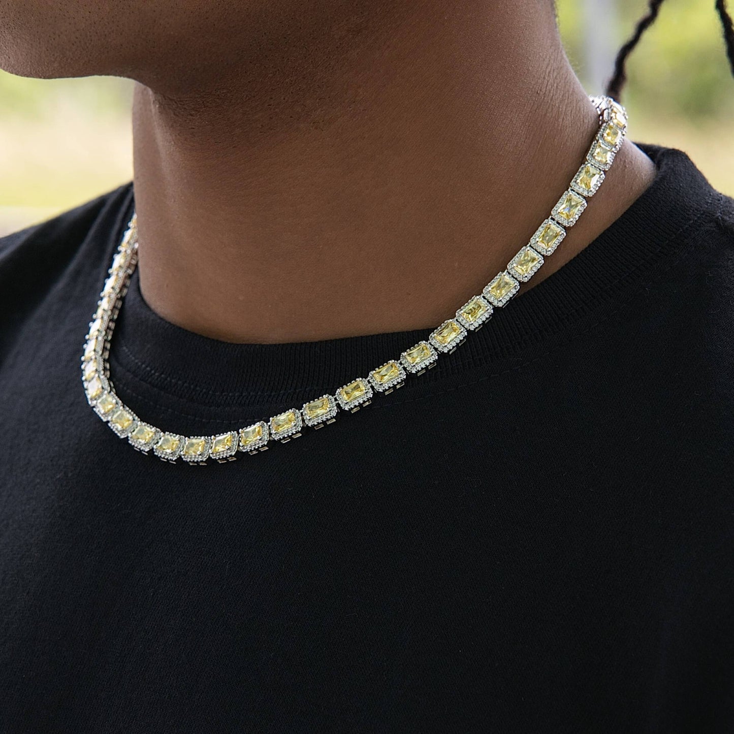 Iced Canary Cushion Cut Tennis Chain in White Gold - 7MM