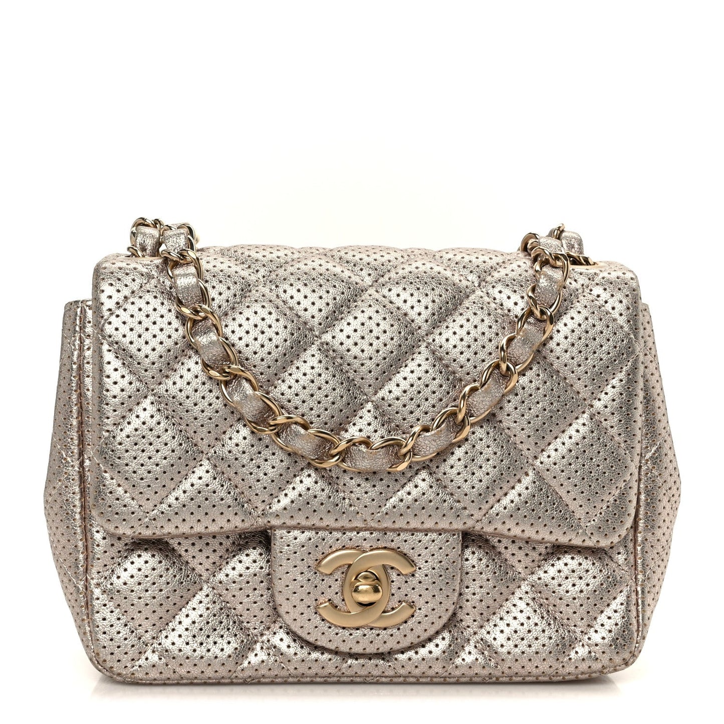 Metallic Lambskin Perforated Mini Square Flap Light Pink