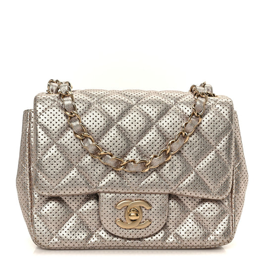 Metallic Lambskin Perforated Mini Square Flap Light Pink