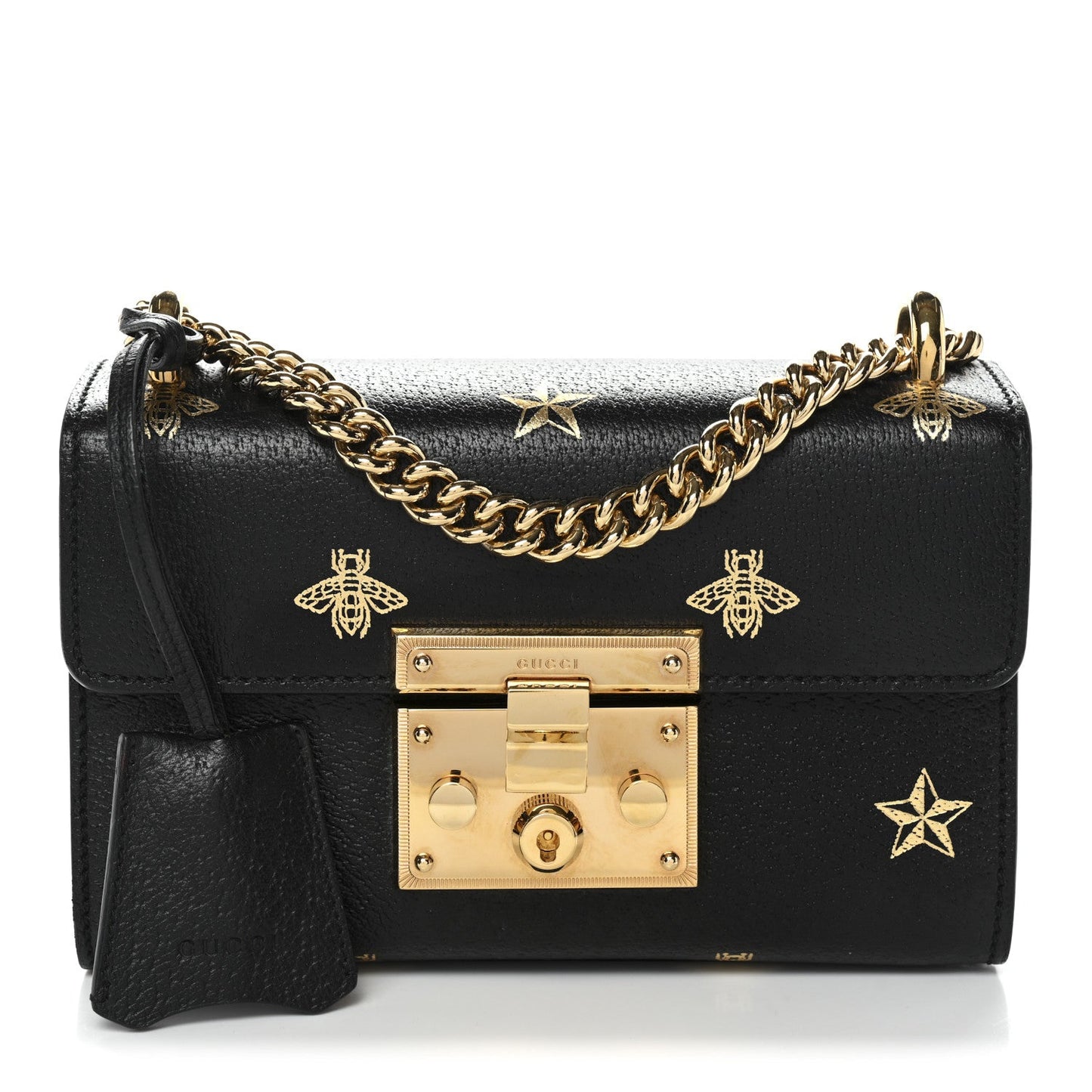 Grained Calfskin Bee Star Small Padlock Shoulder Bag Black