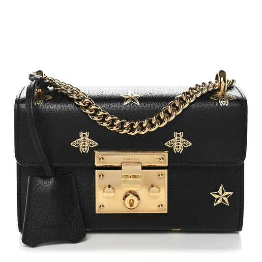 Grained Calfskin Bee Star Small Padlock Shoulder Bag Black