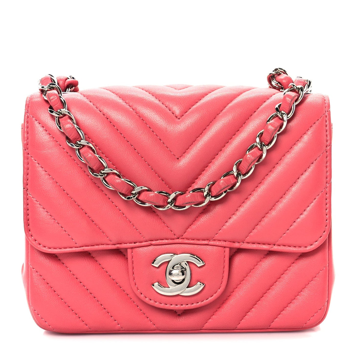 Lambskin Chevron Quilted Mini Square Flap Pink
