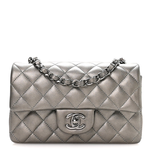 Metallic Lambskin Quilted Mini Rectangular Flap Silver