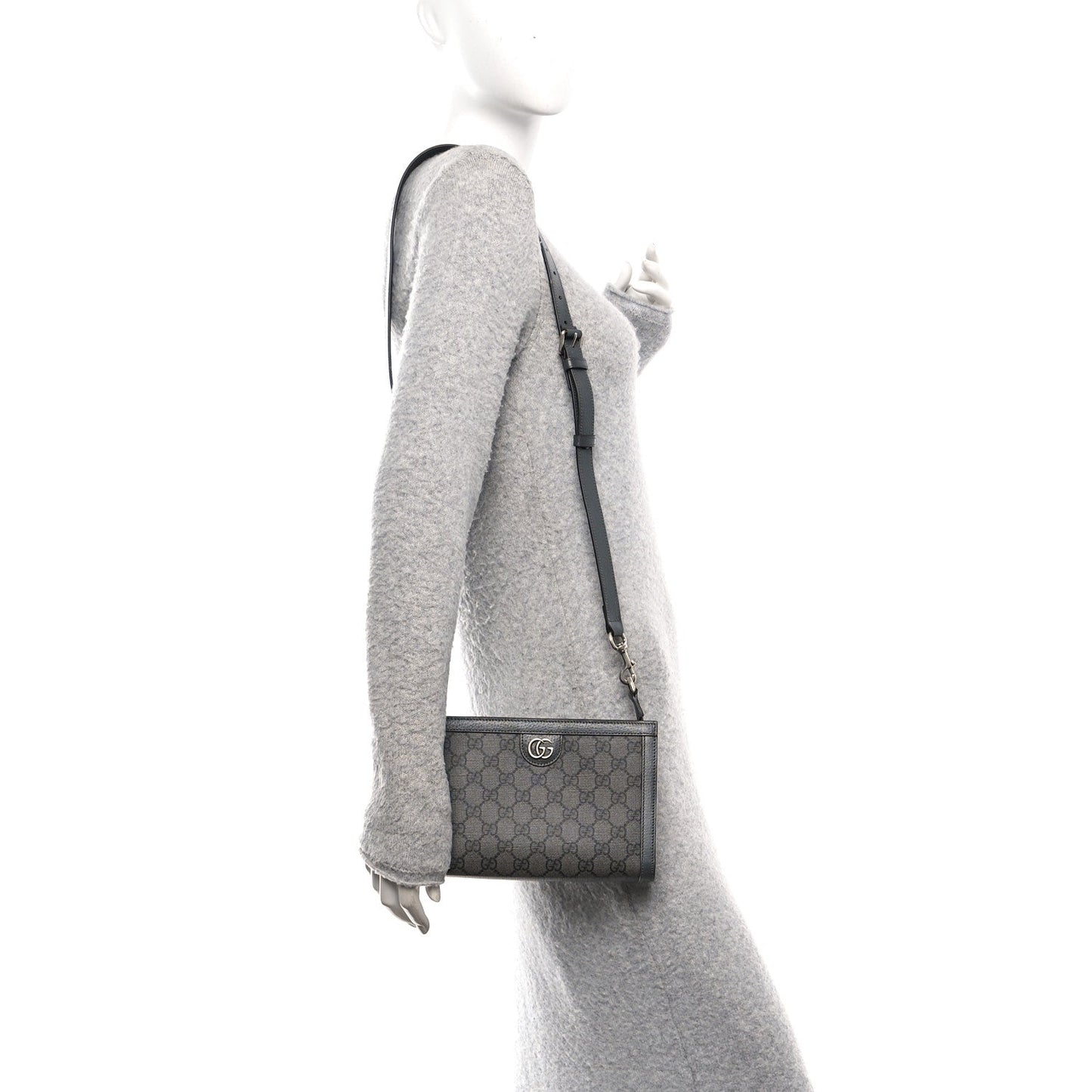 GG Supreme Monogram Textured Dollar Calfskin Web Small Ophidia Shoulder Bag Grey Black Graphite Grey