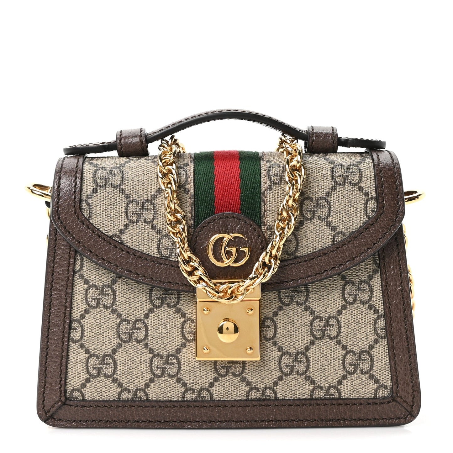 GG Supreme Monogram Textured Dollar Calfskin Web Mini Ophidia Padlock Top Handle Chain Shoulder Bag Beige Ebony New Acero
