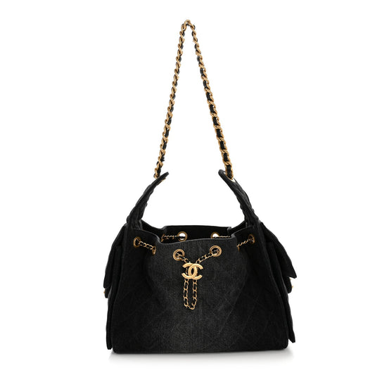 Washed Denim Quilted Small Chanel 25 Handbag Black