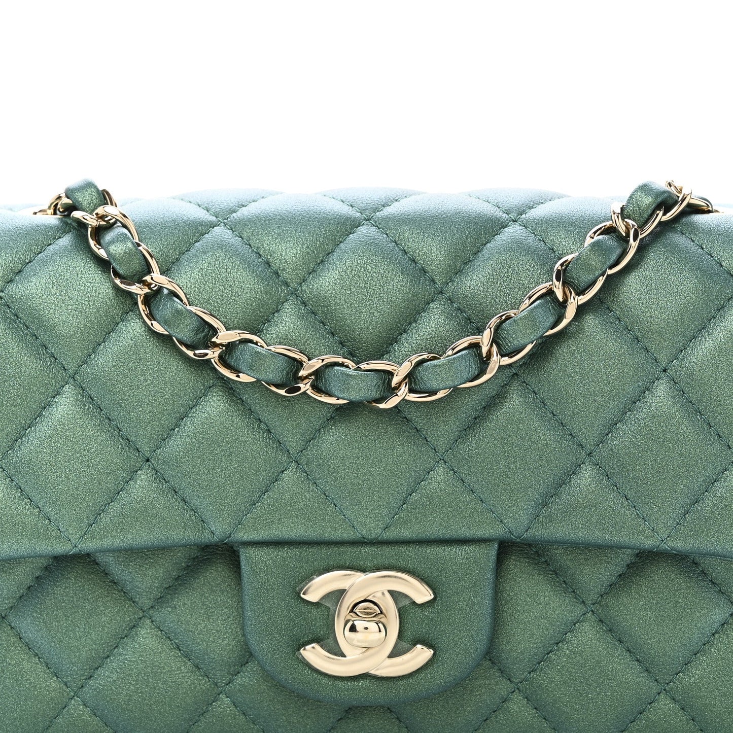 Iridescent Lambskin Quilted Mini Rectangular Flap Green