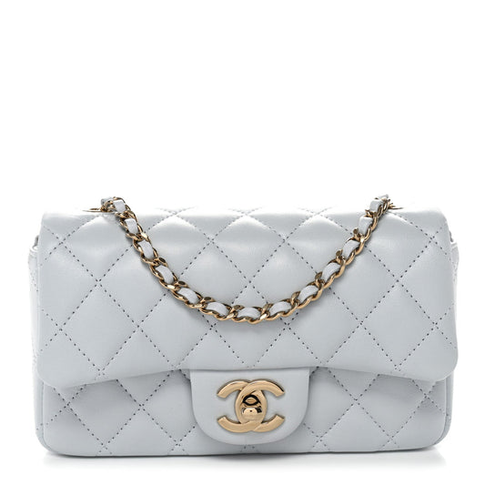 Lambskin Quilted Extra Mini Rectangular Flap Light Blue