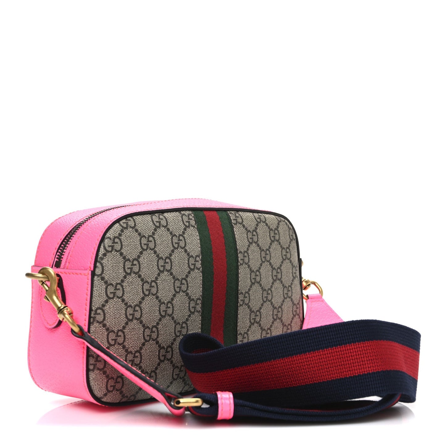 GG Supreme Monogram Textured Dollar Calfskin Web Ophidia Small Crossbody Bag Beige Ebony Fuchsia