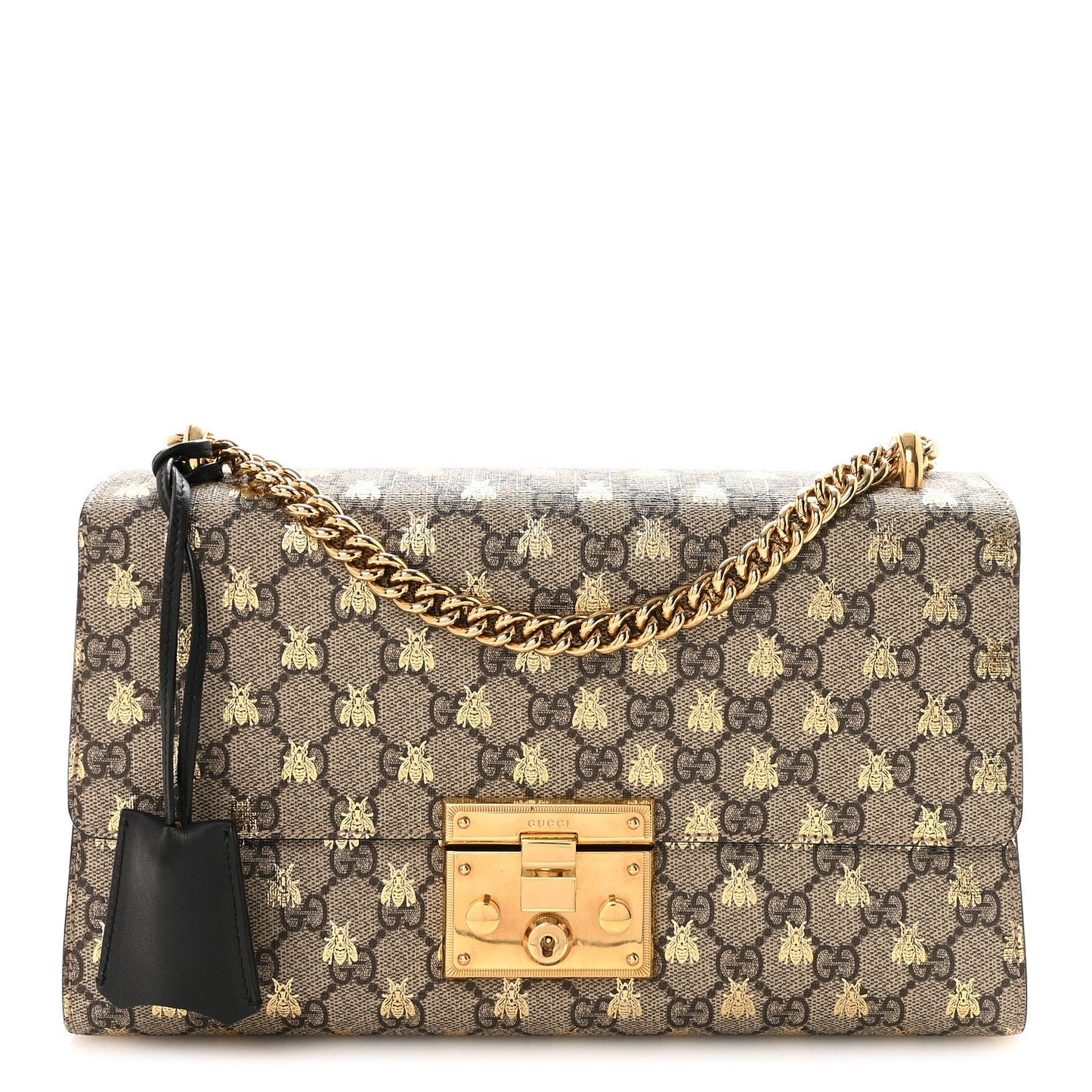 GG Supreme Monogram Bees Medium Padlock Shoulder Bag Beige Oro Black