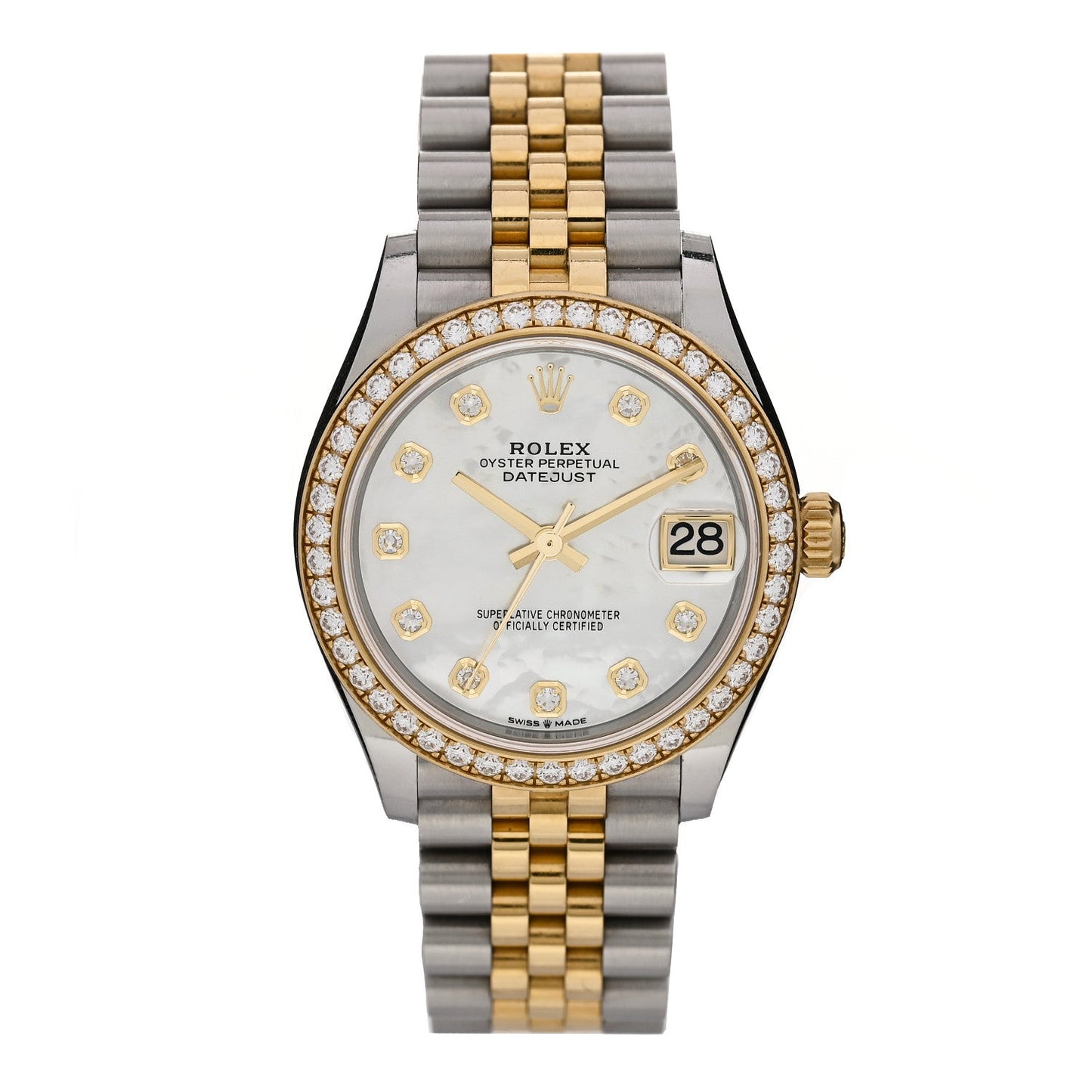 Stainless Steel 18K Yellow Gold Diamond Bezel Mother of Pearl 31mm Oyster Perpetual Datejust Watch 278383RBR