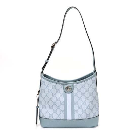 GG Supreme Monogram Textured Dollar Calfskin Web Small Ophidia Bucket Shoulder Bag Dusty Blue