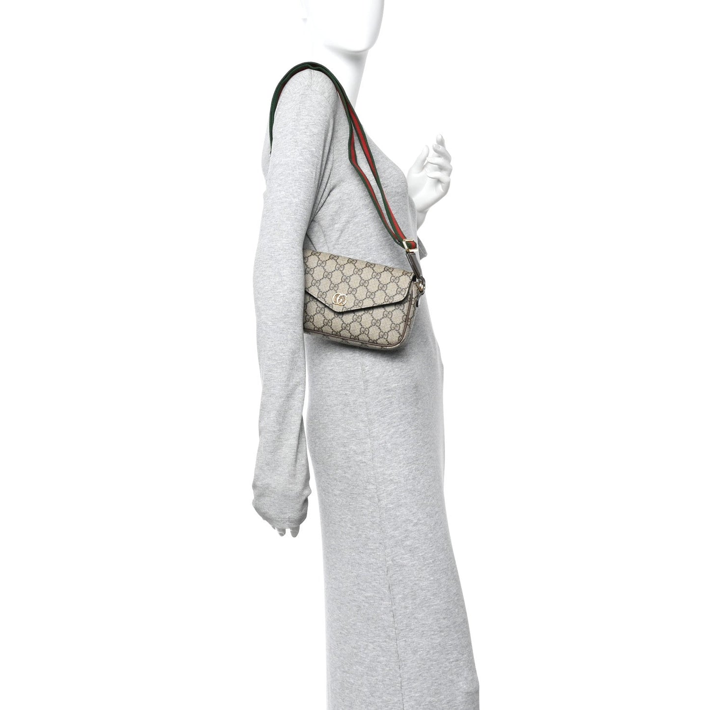 GG Supreme Monogram Textured Dollar Calfskin Web Mini Ophidia Envelope Shoulder Bag Beige Ebony New Acero