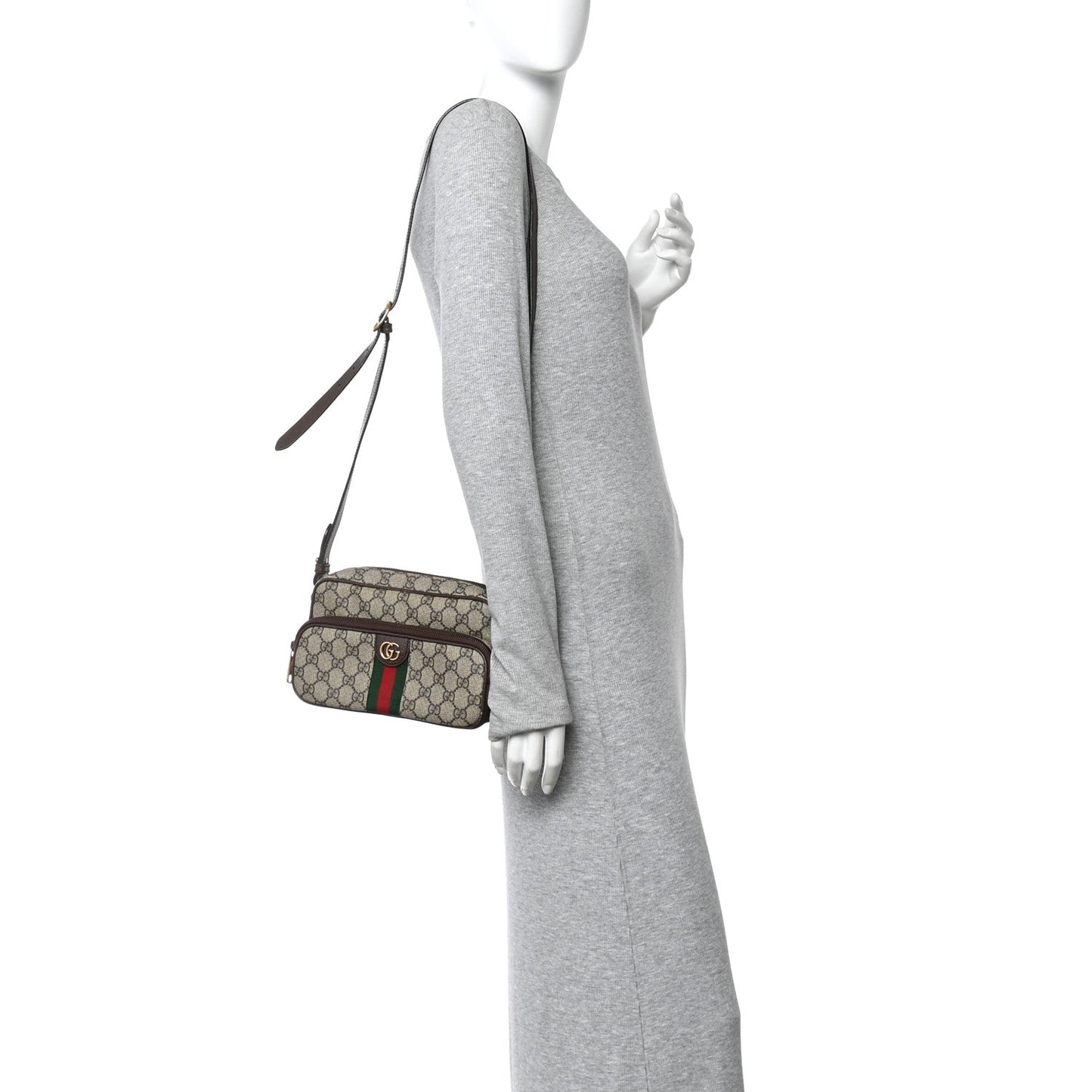 GG Supreme Monogram Textured Dollar Calfskin Web Small Ophidia Convertible Shoulder Bag Beige Ebony New Acero