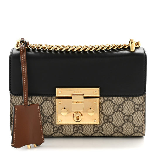 GG Supreme Monogram Calfskin Small Padlock Shoulder Bag Beige Black Cuir