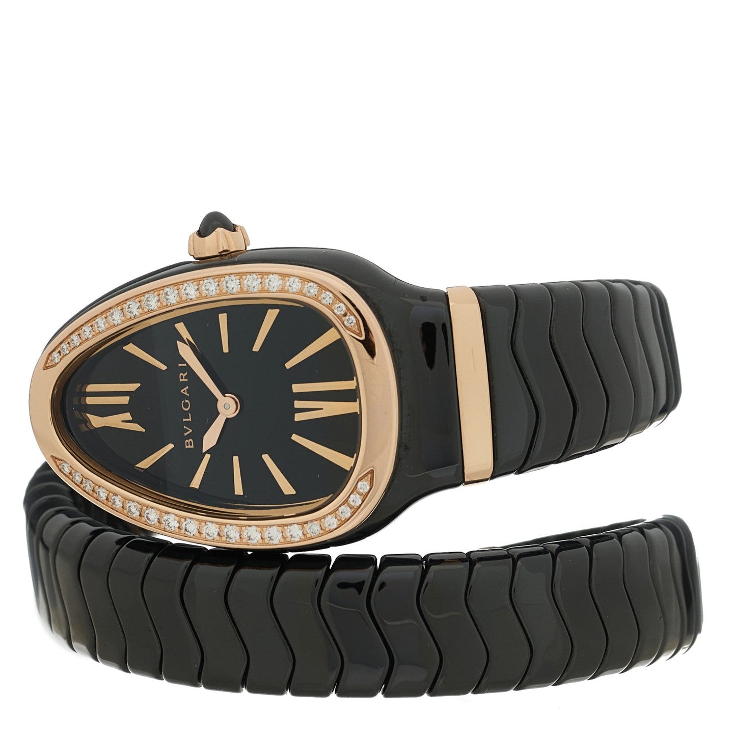 18K Rose Gold Ceramic Diamond Bezel 35mm Serpenti Tubogas Quartz Watch Black
