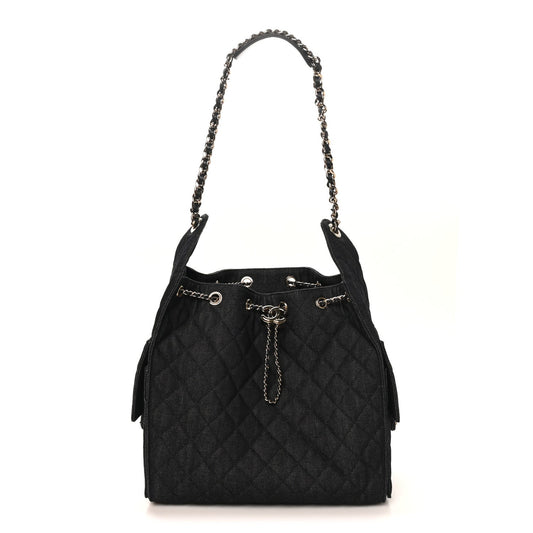 Denim Quilted Medium Chanel 25 Handbag Dark Blue
