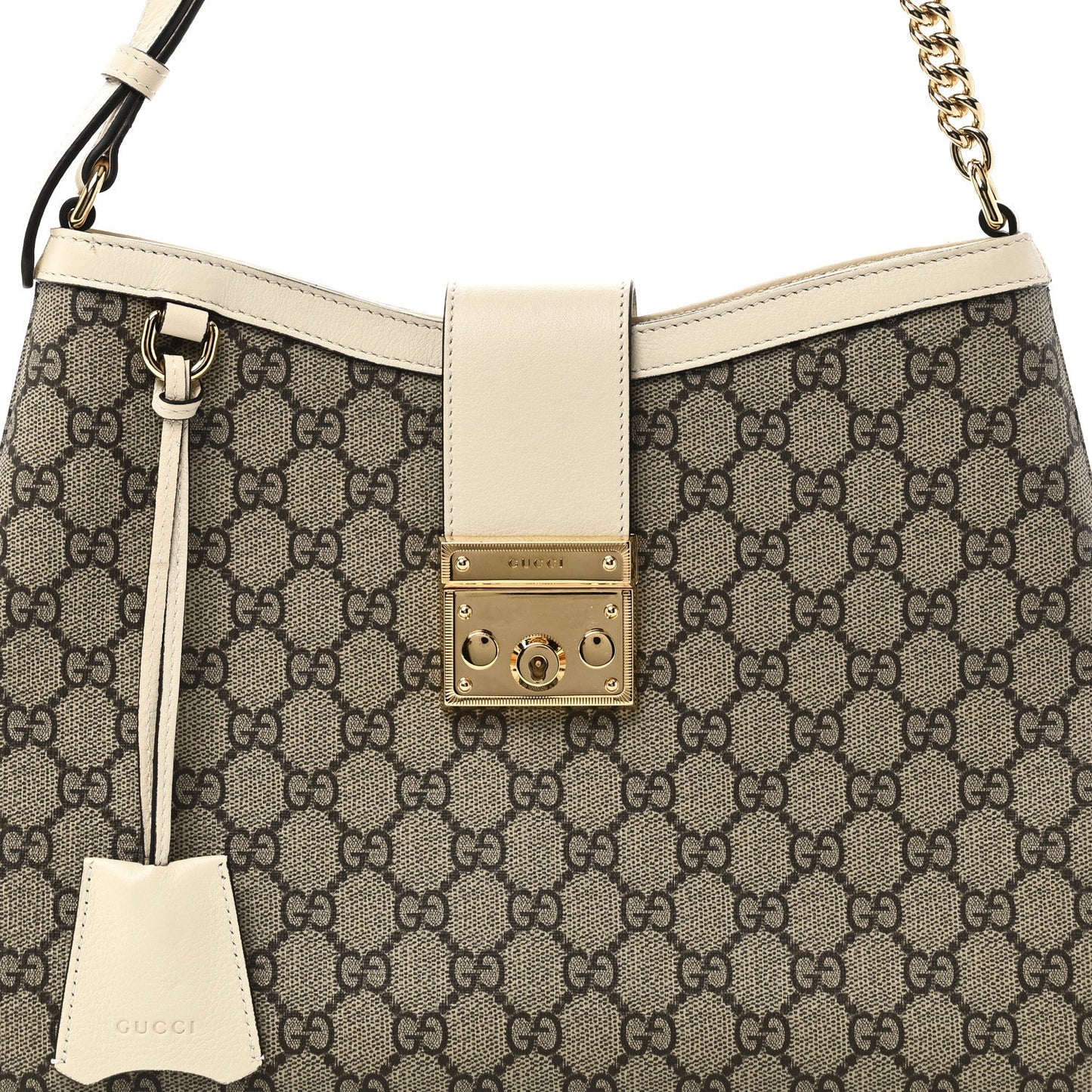 GG Supreme Monogram Moon Calfskin Medium Padlock Shoulder Bag Beige Ebony Mystic White
