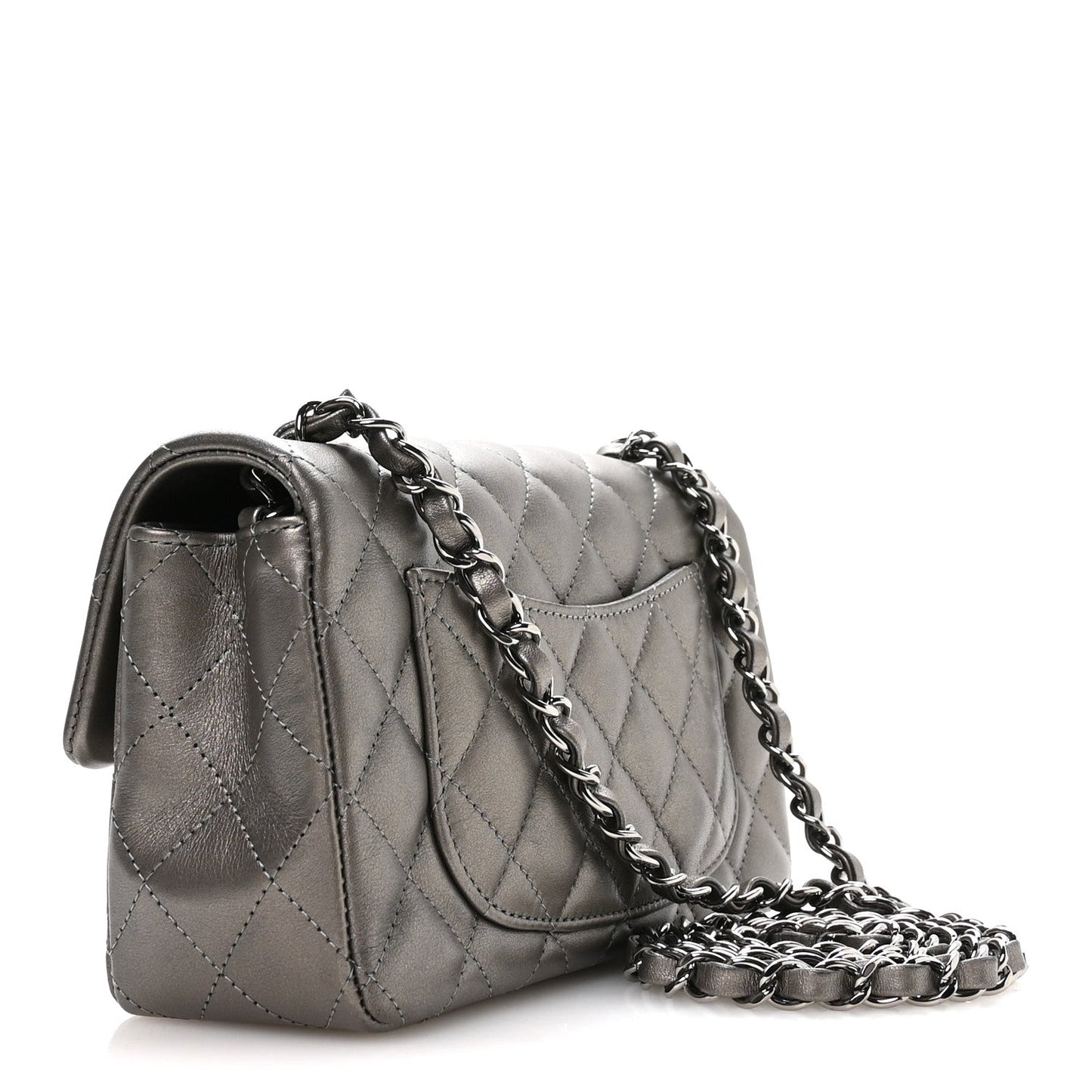 Metallic Lambskin Quilted Mini Rectangular Flap Silver