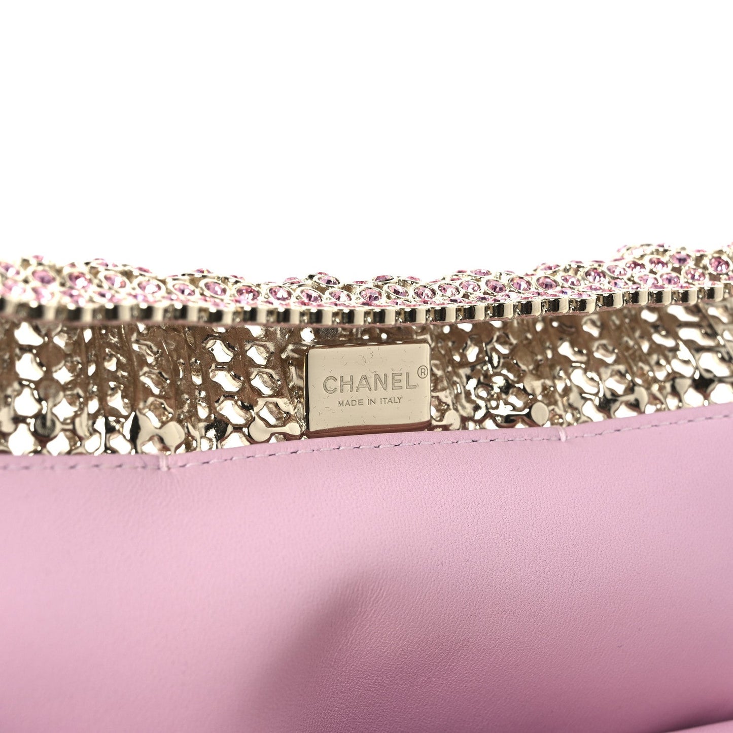 Crystal Embellished Metallic Lambskin Mini Chanel 22 Light Pink