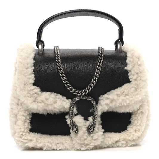 Sakai Be Green Calfskin Shearling Mini Dionysus Top Handle Bag Black