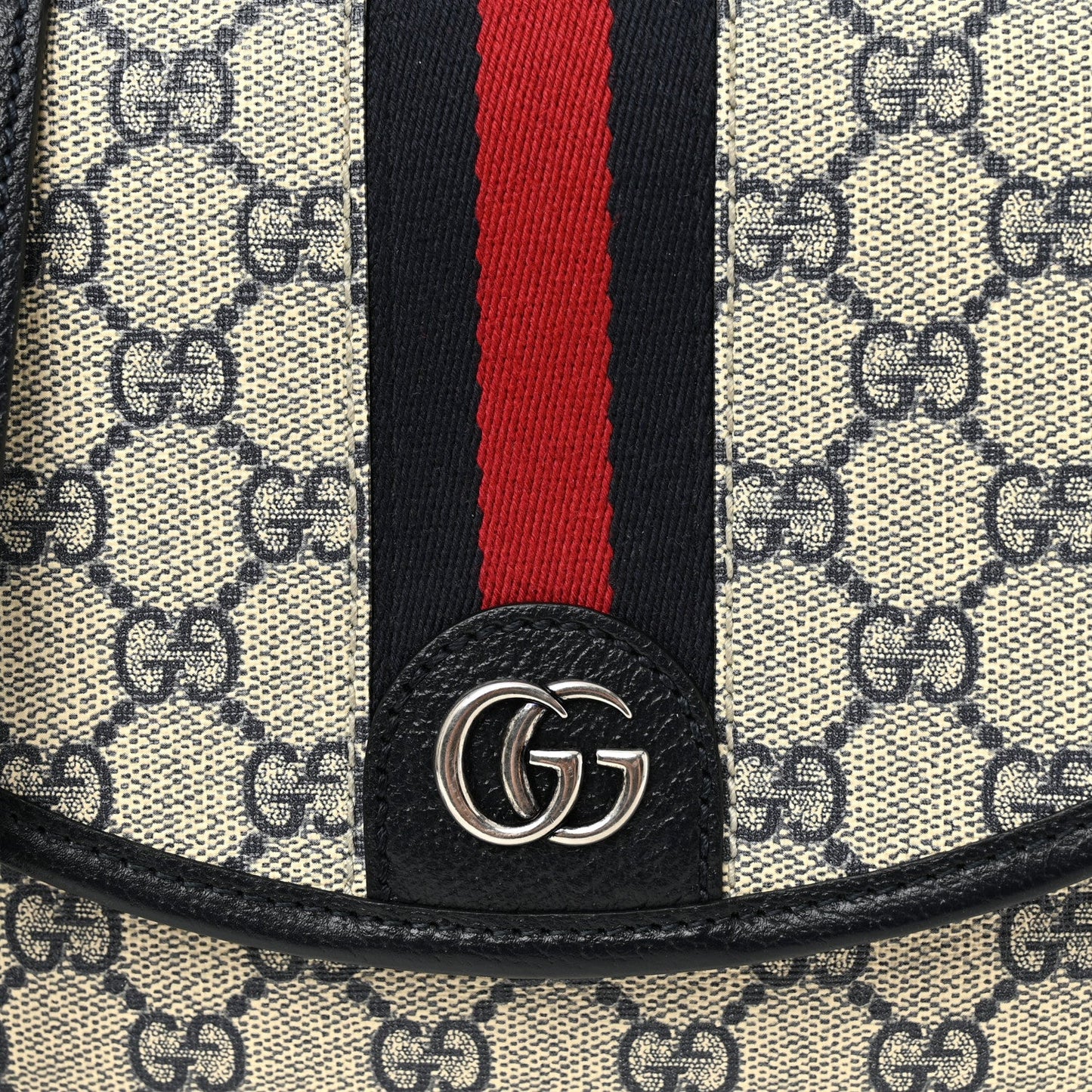 GG Supreme Monogram Textured Dollar Calfskin Web Studded Mini Ophidia Flap Shoulder Bag Beige Blue