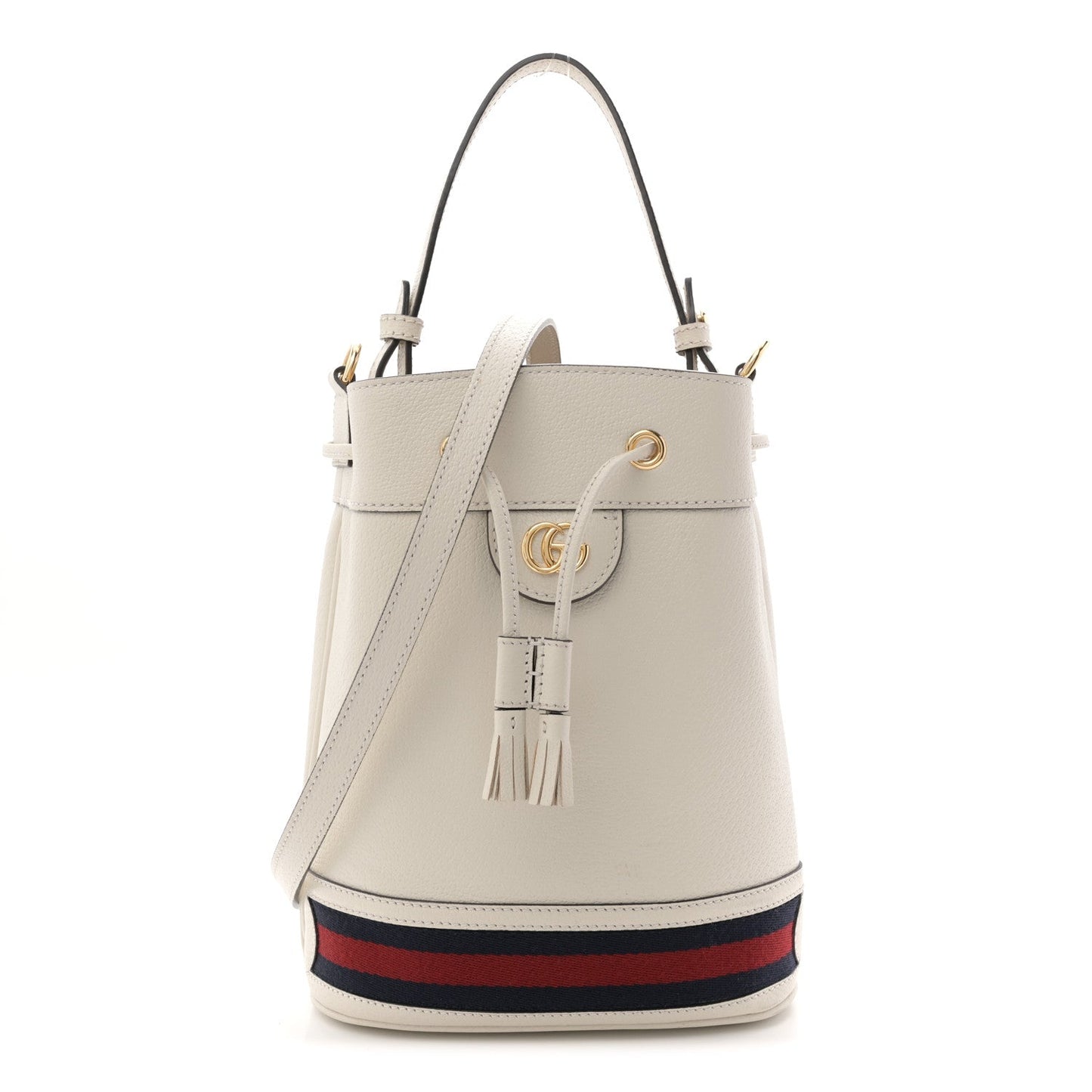 Glazed Textured Calfskin Web Small Ophidia Bucket Bag Mystic White
