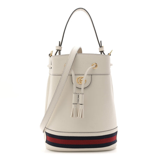Glazed Textured Calfskin Web Small Ophidia Bucket Bag Mystic White